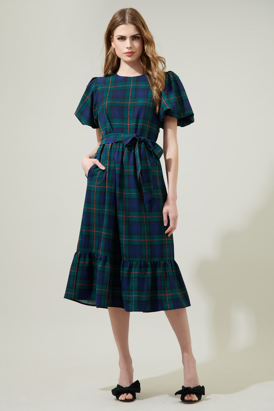 HUDSON PLAID MIDI DRESS