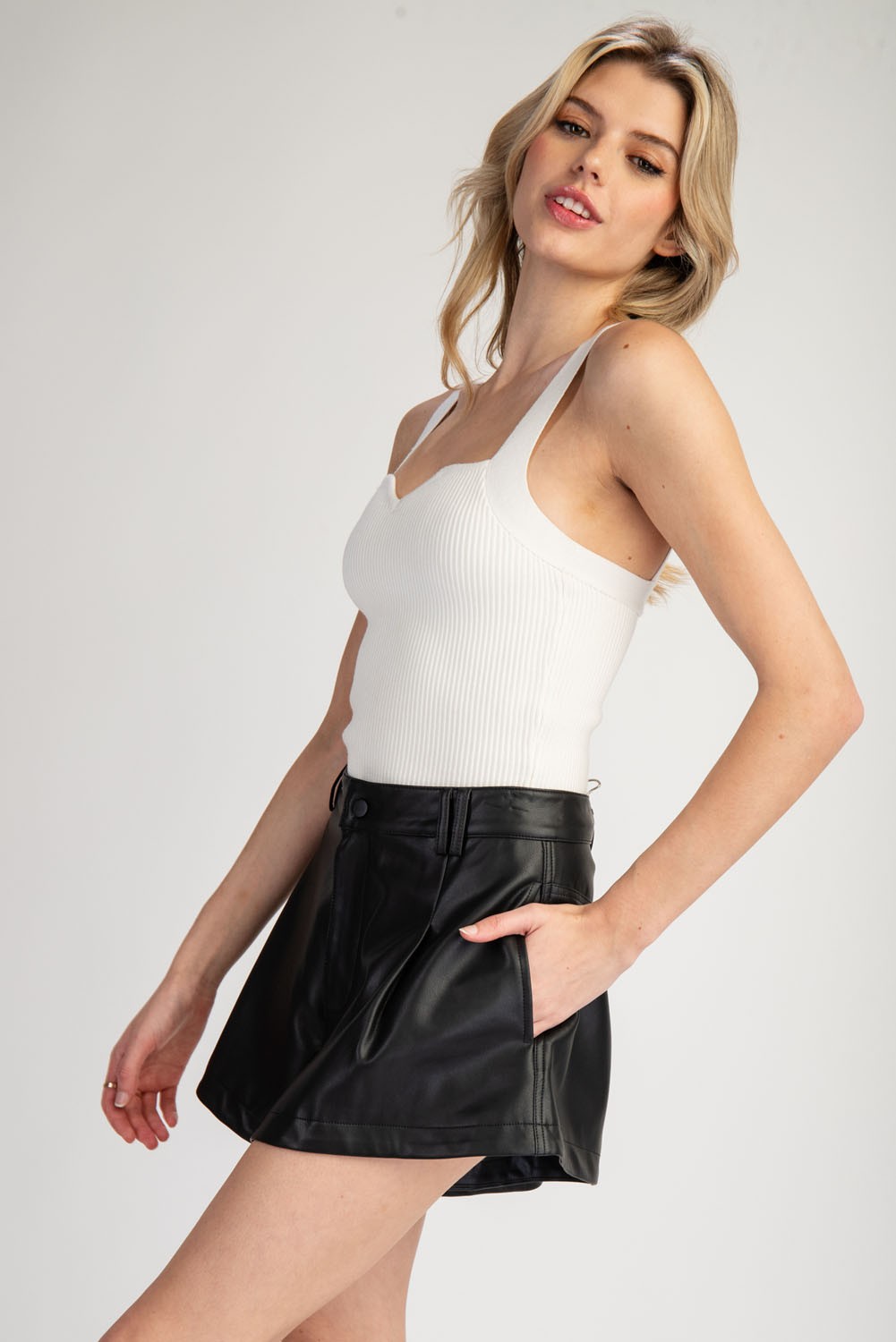 IN FULL SWING FAUX LEATHER SHORTS