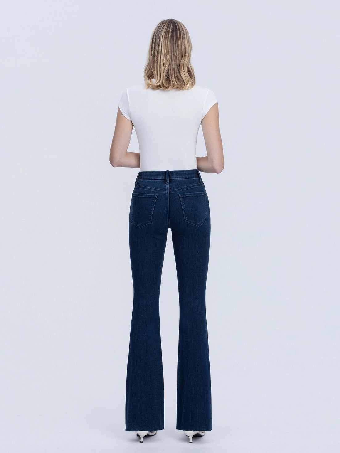 PERIWINKLE MID RISE RAW HEM BOOTCUT JEANS